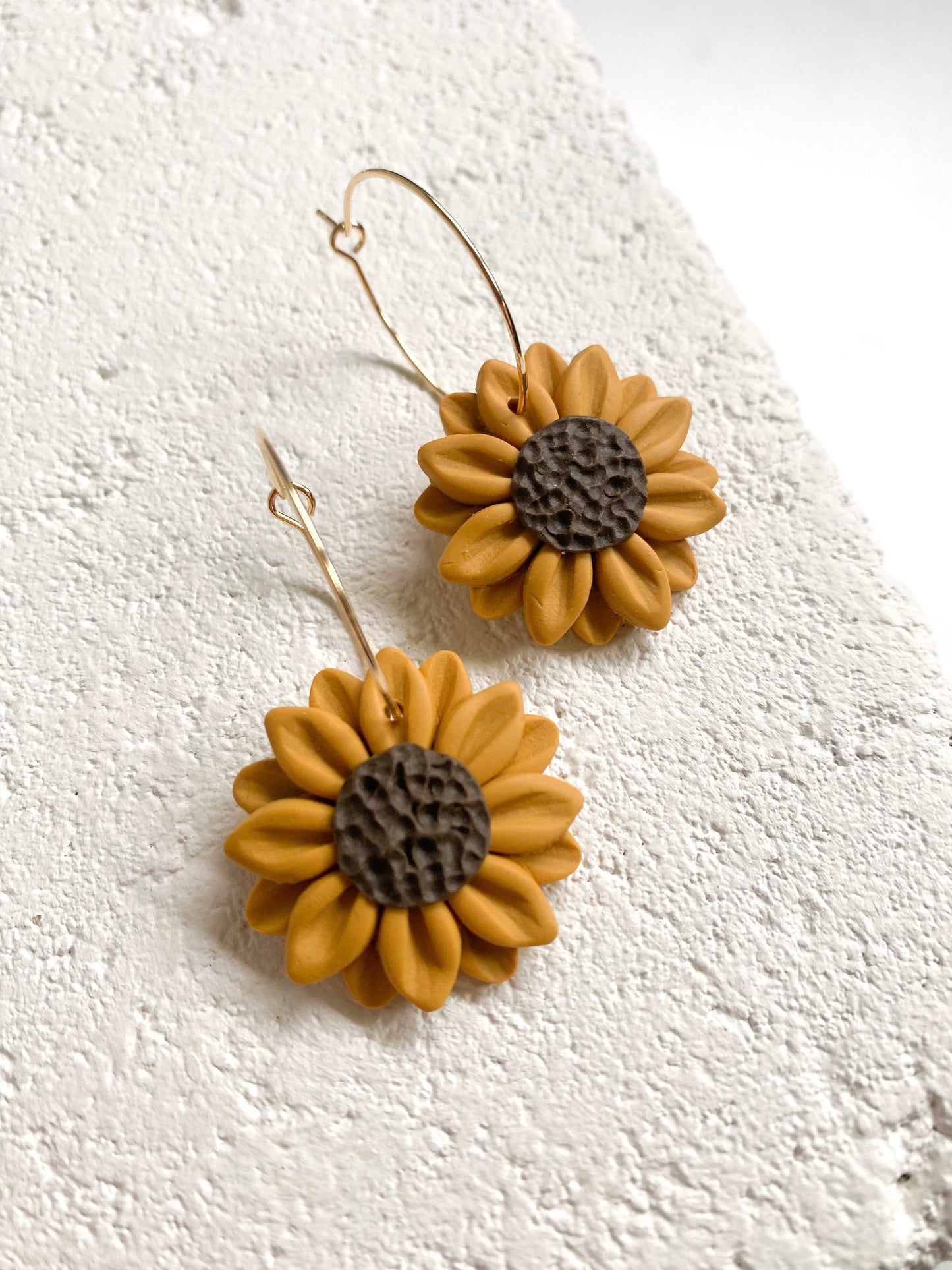 Sunflower hoop earrings handmade by Jenny Drake Designs