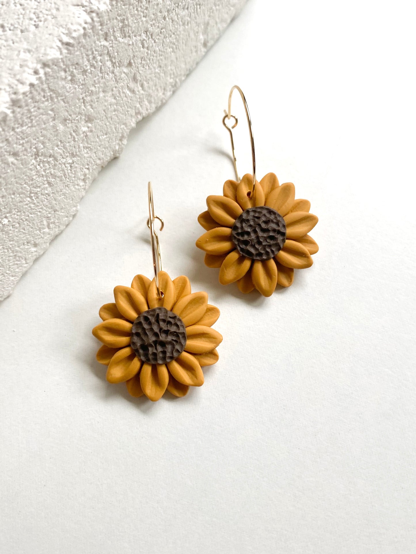 Handmade clay sunflower earrings in 14kt gold filled hoop