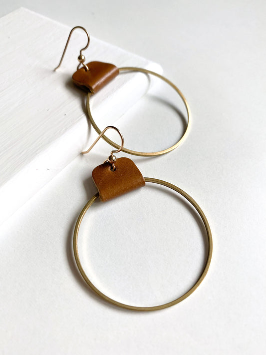 Leather and Brass Hoop Earrings