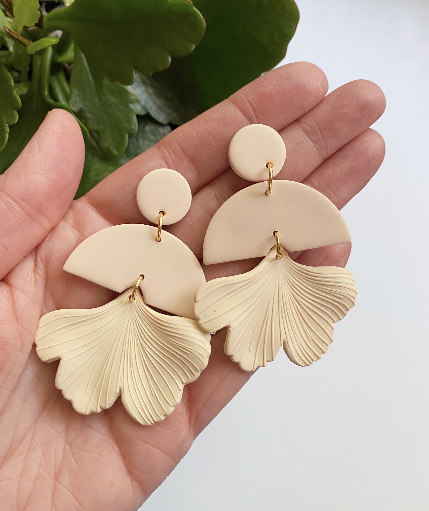 cream polymer clay statement earrings with ginkgo charm